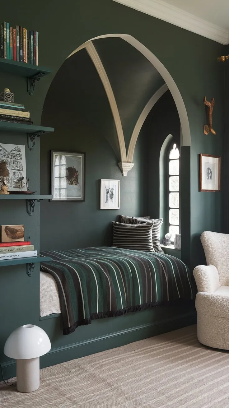 A dreamy emerald room aesthetic unfolds in this cozy nook bedroom. Beds in nooks are elevated to a new level with this dark green and white striped haven, blending gothic bedroom elements with cottagecore and bedroom inspiration dark green.