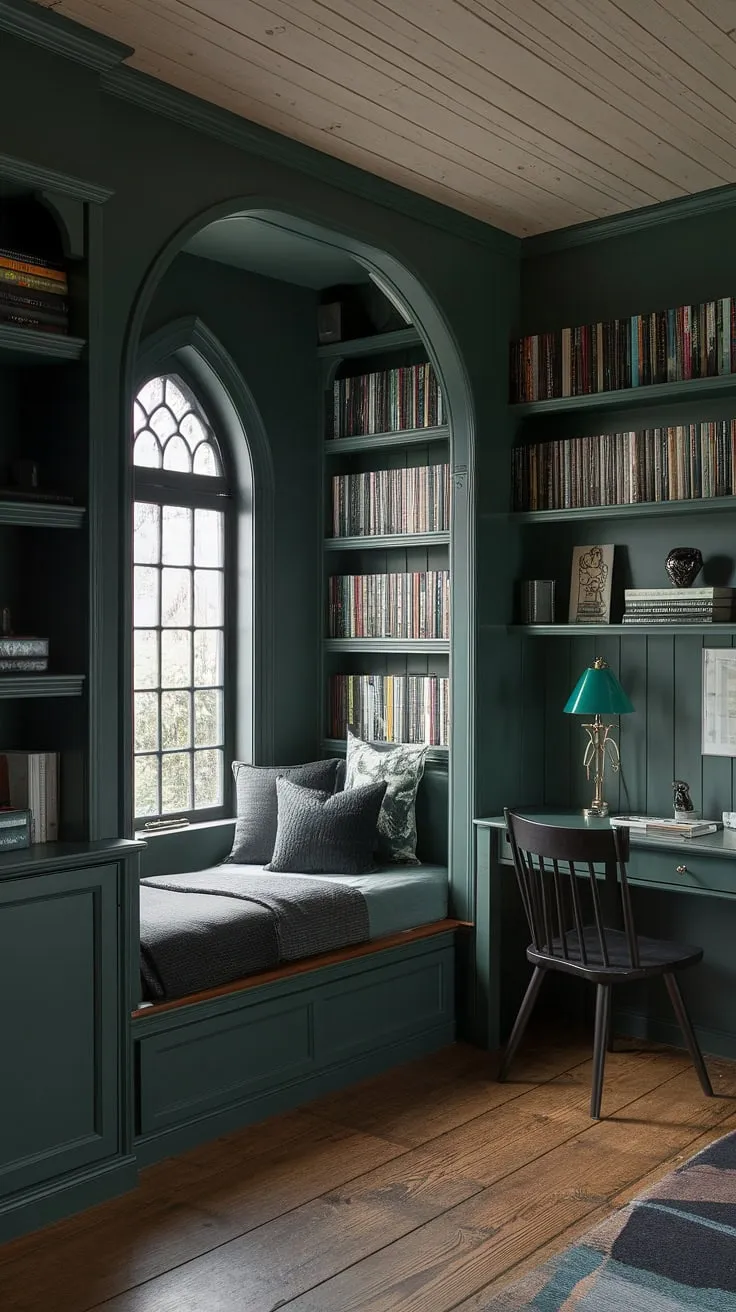 Escape to this enchanting nook bedroom, where a dark green bedroom aesthetic meets cottagecore charm. The emerald room aesthetic is complete with dark academia decor, a built-in bookshelf overflowing with stories, and a cozy bed nestled in its own private haven. This gothic bedroom, with its wooden beams and arched window, offers the perfect blend of library bedroom and secluded sanctuary, providing ample bedroom inspiration for a dark green haven.