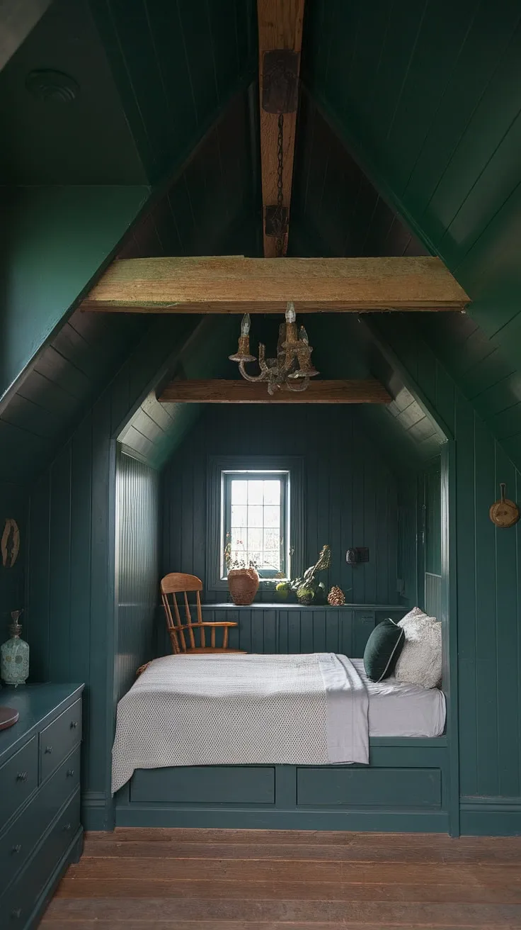 Escape to this enchanting nook bedroom, where a dark green bedroom aesthetic meets cottagecore charm. The sloping ceiling and rustic wooden beam create a cozy haven, while the dark academia decor, including a small dresser and wooden chair, adds a touch of scholarly elegance. This gothic bedroom, with its emerald room aesthetic, offers a unique blend of styles, perfect for those seeking bedroom inspiration in dark green. Beds in nooks rarely look this inviting. Imagine curling up with a book in this library bedroom.
