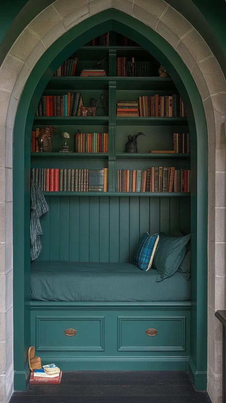 A cottagecore bedroom transformed: this dark green bedroom aesthetic boasts a captivating nook, blending gothic bedroom charm with dark academia decor. Find bedroom inspiration dark green in this enchanting emerald room aesthetic, a library bedroom and sanctuary all in one.