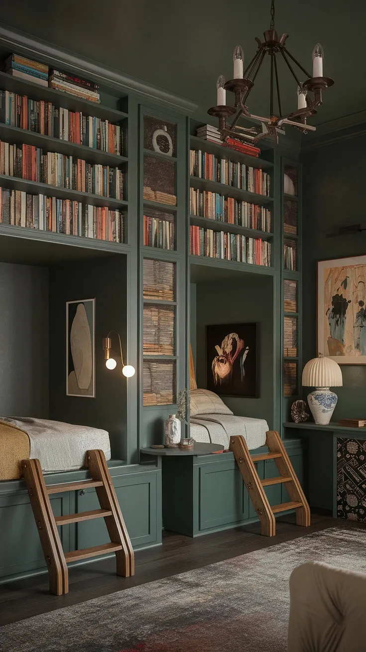 This gothic bedroom is a dreamy blend of dark academia decor and cottagecore. The dark green bedroom aesthetic is beautifully realized in this emerald room aesthetic, with its high ceilings and dramatic chandelier. Two cozy beds in nooks, each accessible by a wooden ladder, offer a unique and inviting sleeping space. Surrounded by towering bookshelves, this library bedroom provides the perfect sanctuary for book lovers, making it the ultimate bedroom inspiration dark green.