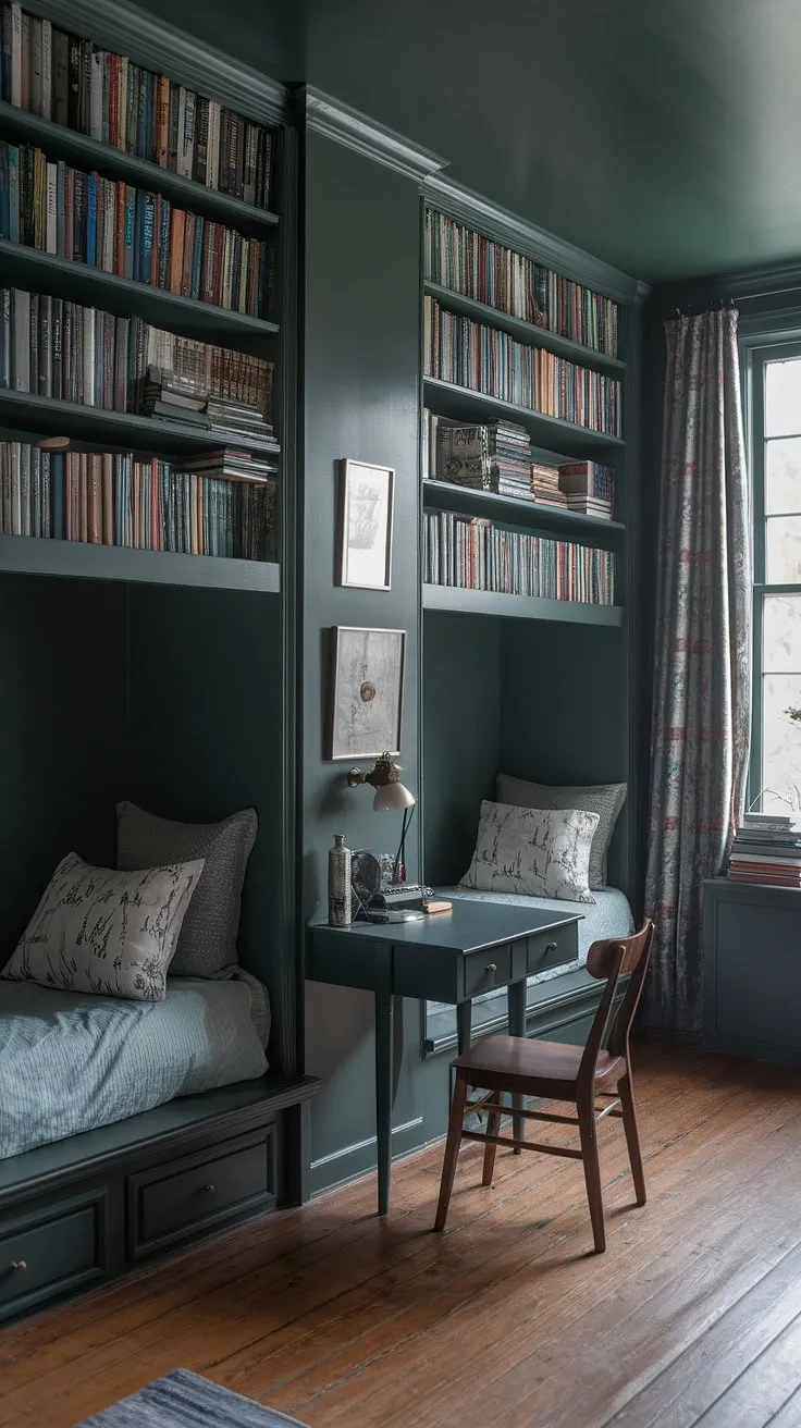 Escape to this enchanting nook bedroom, where dark green walls whisper tales of cottagecore charm and dark academia dreams. Beds nestled in cozy nooks, surrounded by a library of books, create the ultimate gothic bedroom sanctuary. Emerald room aesthetic perfection.