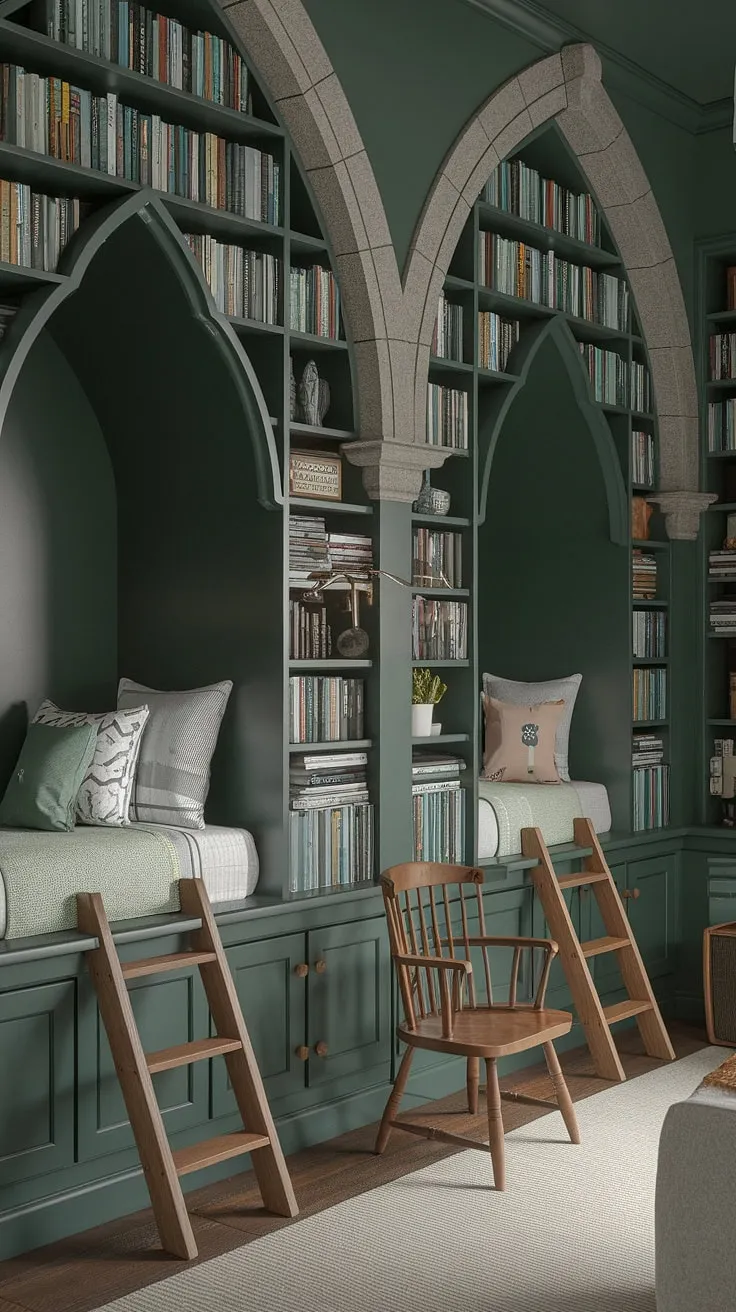 Escape to this enchanting nook bedroom, where a dark green bedroom aesthetic meets cottagecore charm. Beds nestled in cozy alcoves, accessed by wooden ladders, create a whimsical haven. Surrounding stone archways and overflowing bookshelves lend a touch of gothic elegance and dark academia decor, transforming the space into a dreamy library bedroom. The emerald room aesthetic is complete with a rustic wooden chair, offering the perfect spot for quiet contemplation. This bedroom inspiration dark green showcases the beauty of combining different styles for a truly unique and captivating space.