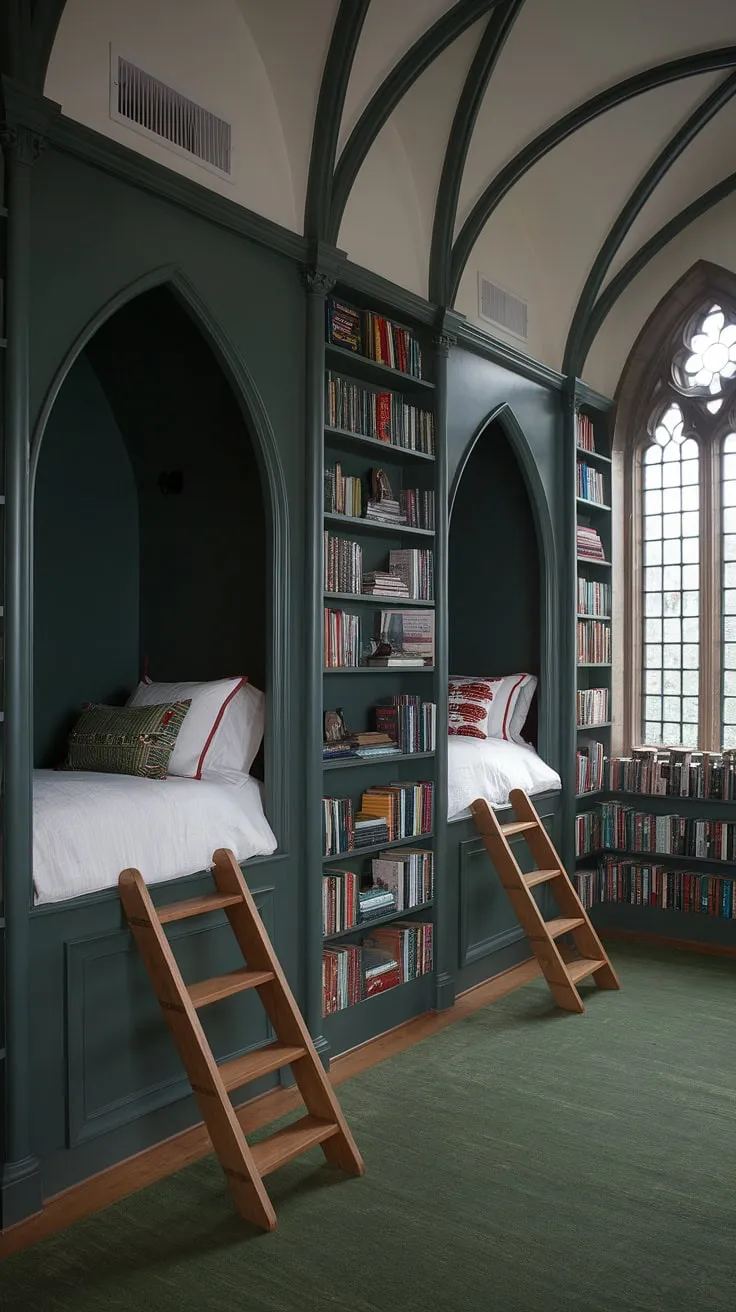 This gothic bedroom, a stunning example of dark green bedroom aesthetic, features beds in nooks, each with its own charming ladder. The cottagecore bedroom design is enhanced by the arched windows and high ceilings, creating a sense of spaciousness. Surrounding bookshelves filled to the brim contribute to the dark academia decor, making this library bedroom a haven of quiet contemplation. The emerald room aesthetic is perfectly complemented by the rich green rug, providing ample bedroom inspiration.