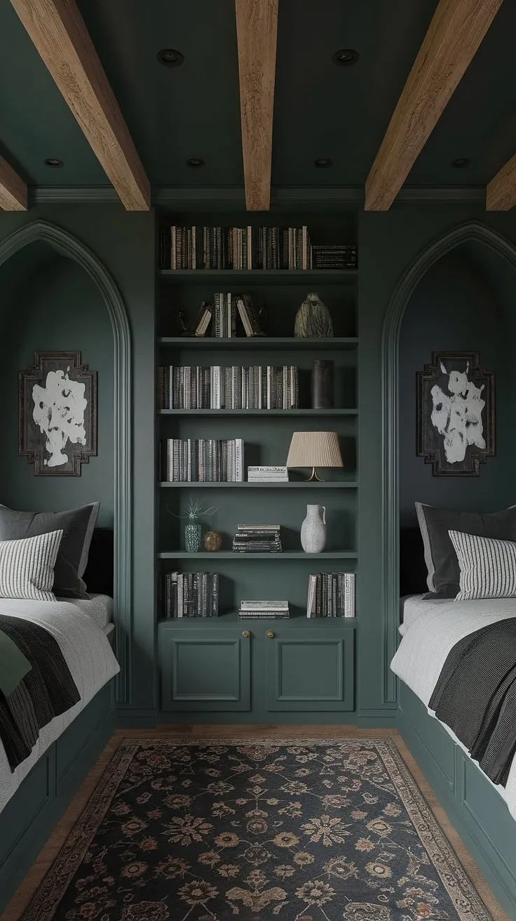 Escape to this enchanting nook bedroom, where a dark green bedroom aesthetic meets cottagecore charm. Beds nestled in cozy nooks create intimate havens within this gothic bedroom, enhanced by dark academia decor and overflowing bookshelves. The emerald room aesthetic is complete with wooden beams, a patterned rug, and carefully chosen decorative accents, offering the perfect blend of library bedroom and tranquil retreat. This bedroom inspiration dark green showcases the beauty of combining seemingly disparate styles.