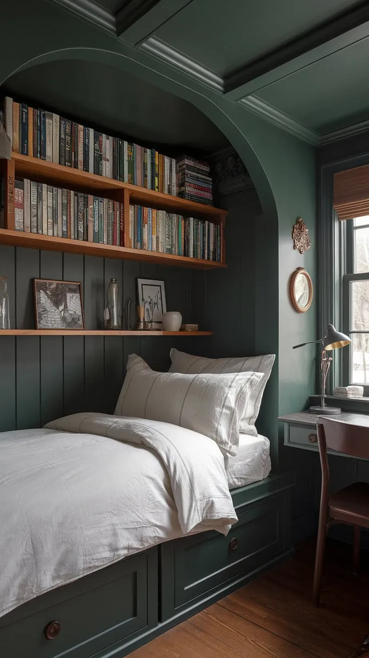 A gothic bedroom with a twist: this dark green bedroom aesthetic blends cottagecore and dark academia flawlessly. The nook bedroom design, complete with a built-in bookshelf and a writing desk, creates the ultimate library bedroom for inspiration.