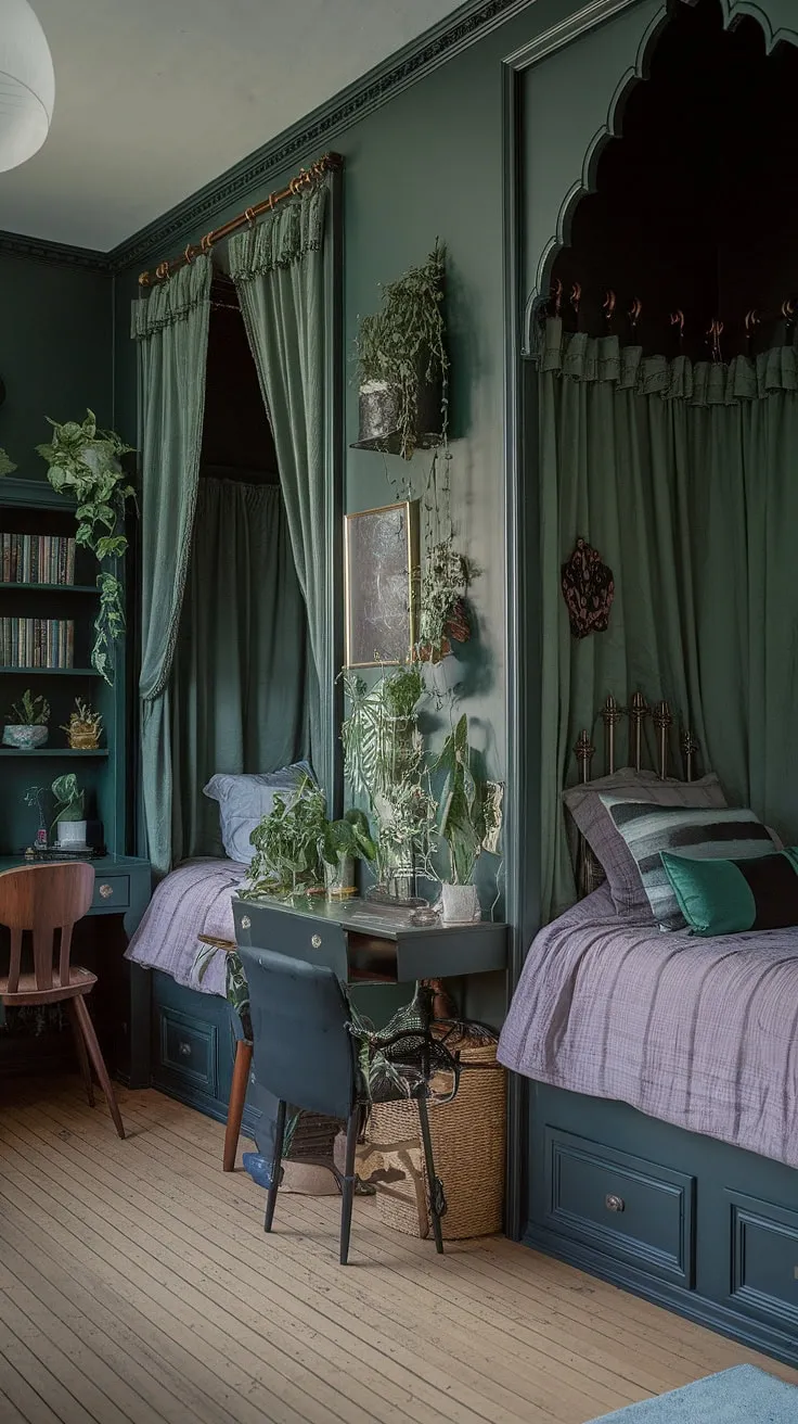 Dark green bedroom aesthetic meets gothic romance in this dreamy nook bedroom. Two beds in nooks, a touch of cottagecore, and dark academia decor combine for ultimate bedroom inspiration. This emerald room aesthetic is pure library bedroom bliss.