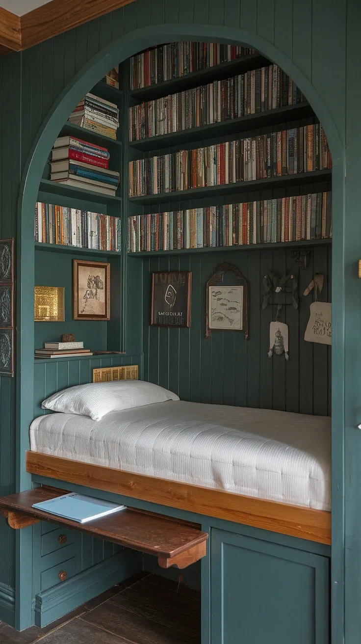 Tucked away in a cozy nook, this dark green bedroom aesthetic perfectly blends cottagecore charm with dark academia elegance. The loft bed, nestled amongst bookshelves overflowing with literary treasures, creates a dreamy library bedroom. Rustic wooden elements and a small desk below complete the gothic bedroom feel, offering a unique and inspiring space. This emerald room aesthetic showcases the beauty of beds in nooks, making it the ultimate bedroom inspiration dark green.