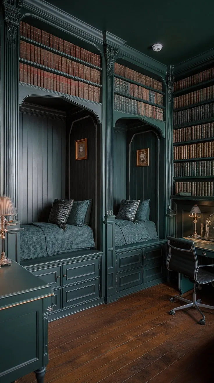Dive into the depths of this captivating dark green bedroom aesthetic. Two beds in nooks create intimate havens within this gothic bedroom, surrounded by towering bookshelves brimming with dark academia decor. Bedroom inspiration abounds in this cottagecore bedroom, a truly unique library bedroom with an emerald room aesthetic.