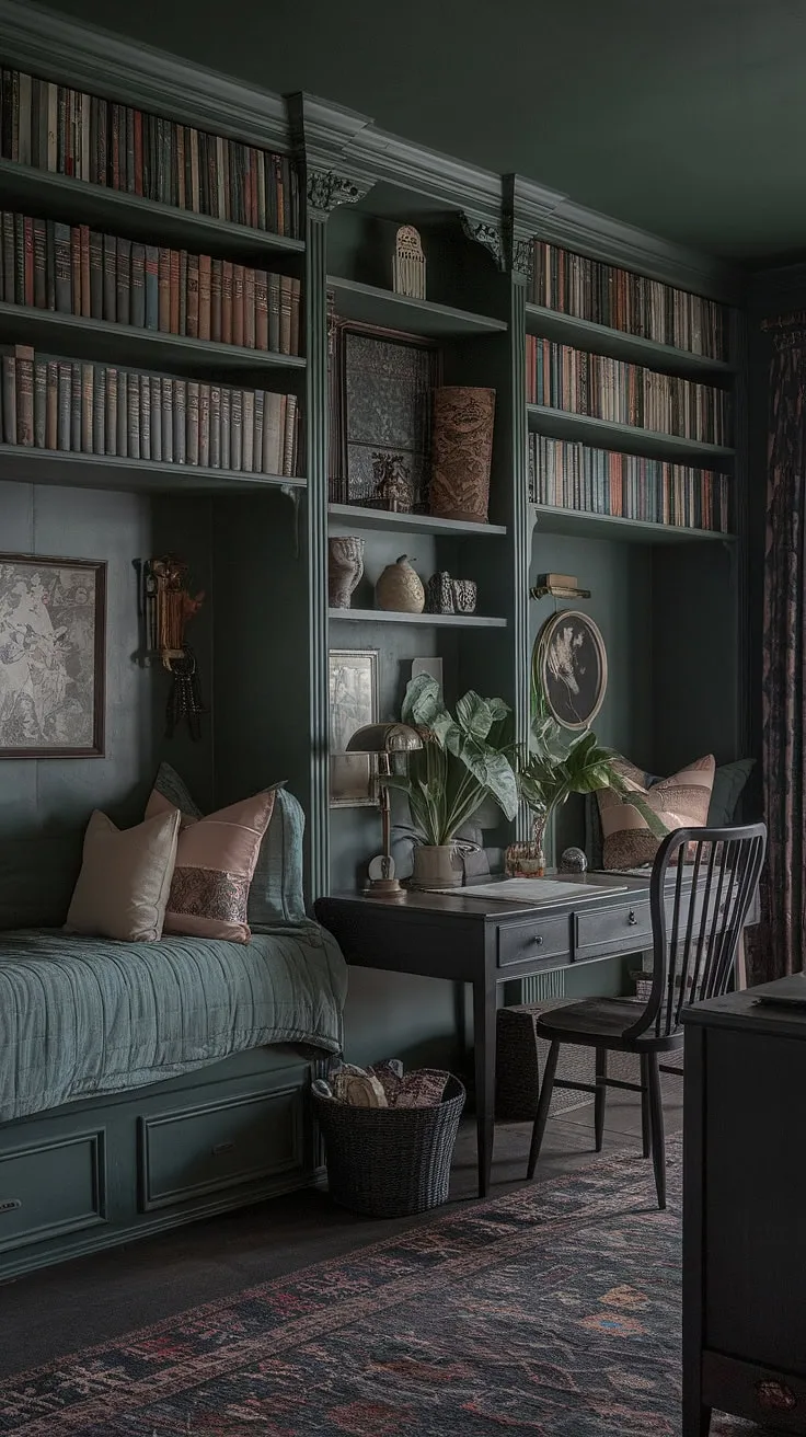 Escape to this enchanting nook bedroom, where a dark green aesthetic meets cottagecore charm. Two cozy beds nestled in alcoves, vintage furniture, and overflowing bookshelves create a dreamy library bedroom with a touch of gothic romance and dark academia decor. The emerald room aesthetic is complete with a writing desk and potted plant, all resting on a patterned rug. This bedroom inspiration, dark green in its heart, offers a haven of tranquility and literary delight.