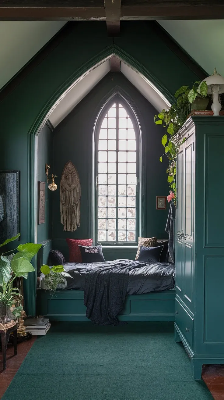 A gothic nook bedroom bathed in a dark green bedroom aesthetic. This bedroom inspiration showcases the perfect blend of cottagecore, dark academia decor, and beds in nooks, resulting in a truly unique emerald room aesthetic.