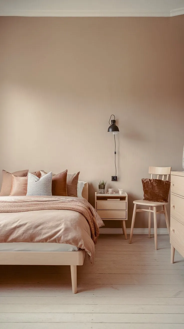 A minimalist Nordic bedroom features light wood, earthy tones, and simple furniture for a serene Scandinavian aesthetic.