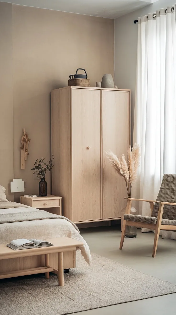 Earthy tones and minimalist light wood furniture create a serene Nordic bedroom sanctuary