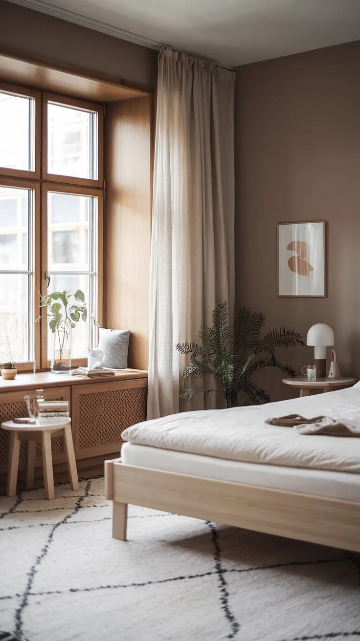 A minimalist Nordic bedroom features light wood, muted tones, and simple furnishings for a serene Scandinavian aesthetic.