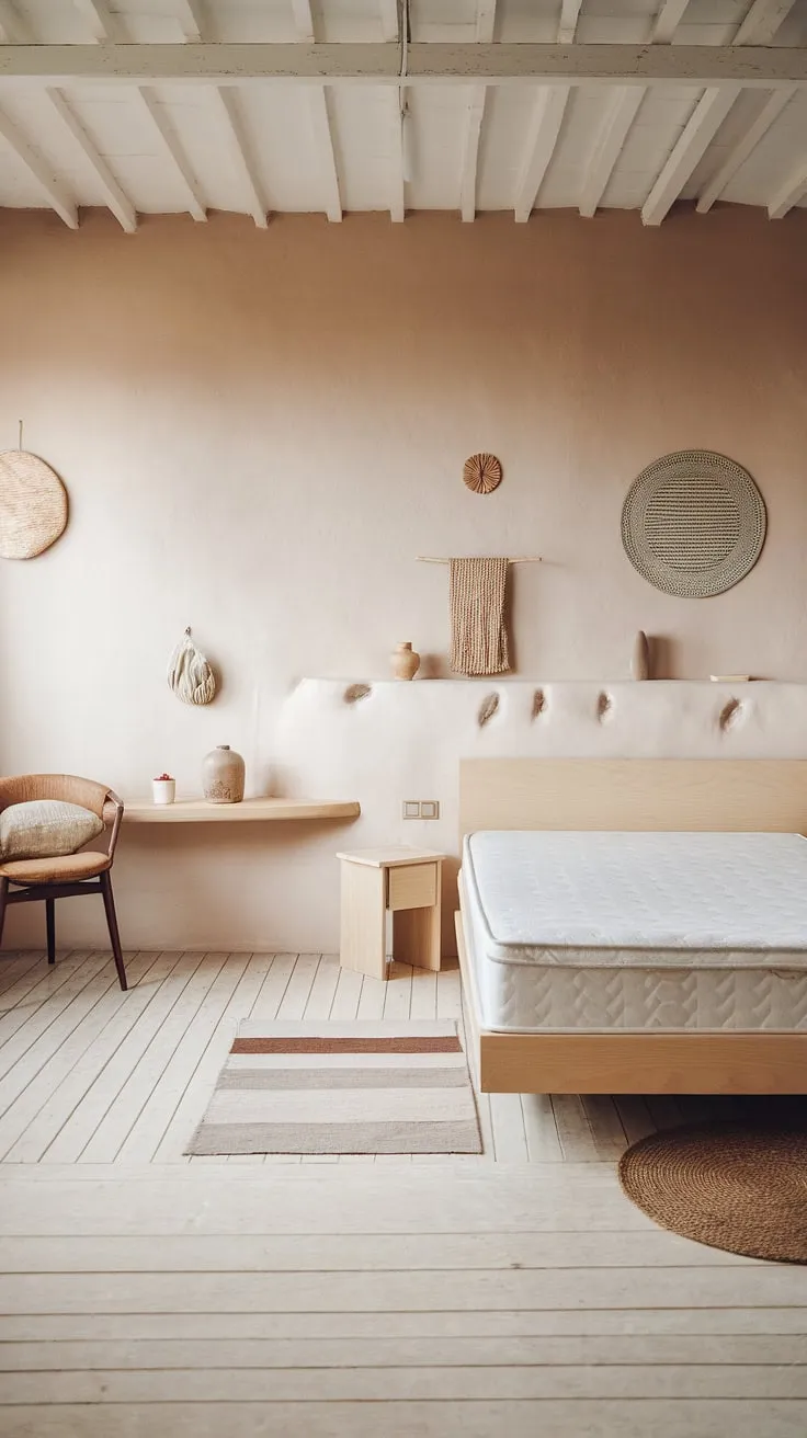 A minimalist Nordic bedroom showcases light wood, simple furniture, and a calming earthy palette.