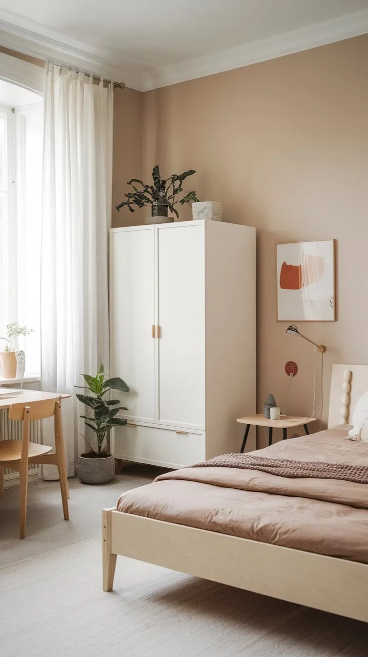 Earthy tones and minimalist furniture create a serene Nordic bedroom atmosphere