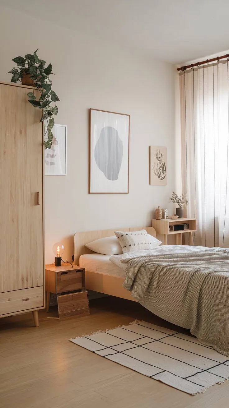A light-filled Nordic bedroom showcases minimalist design with natural wood and calming earth tones.