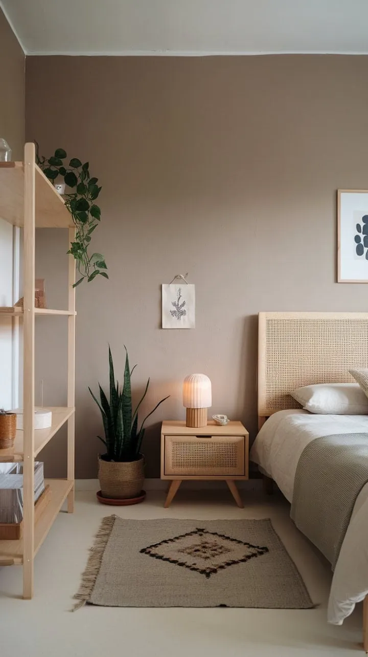 Bathed in sunlight, this tranquil Nordic bedroom blends light wood and minimalist design with a textured woven headboard, creating a serene sanctuary for restful moments.