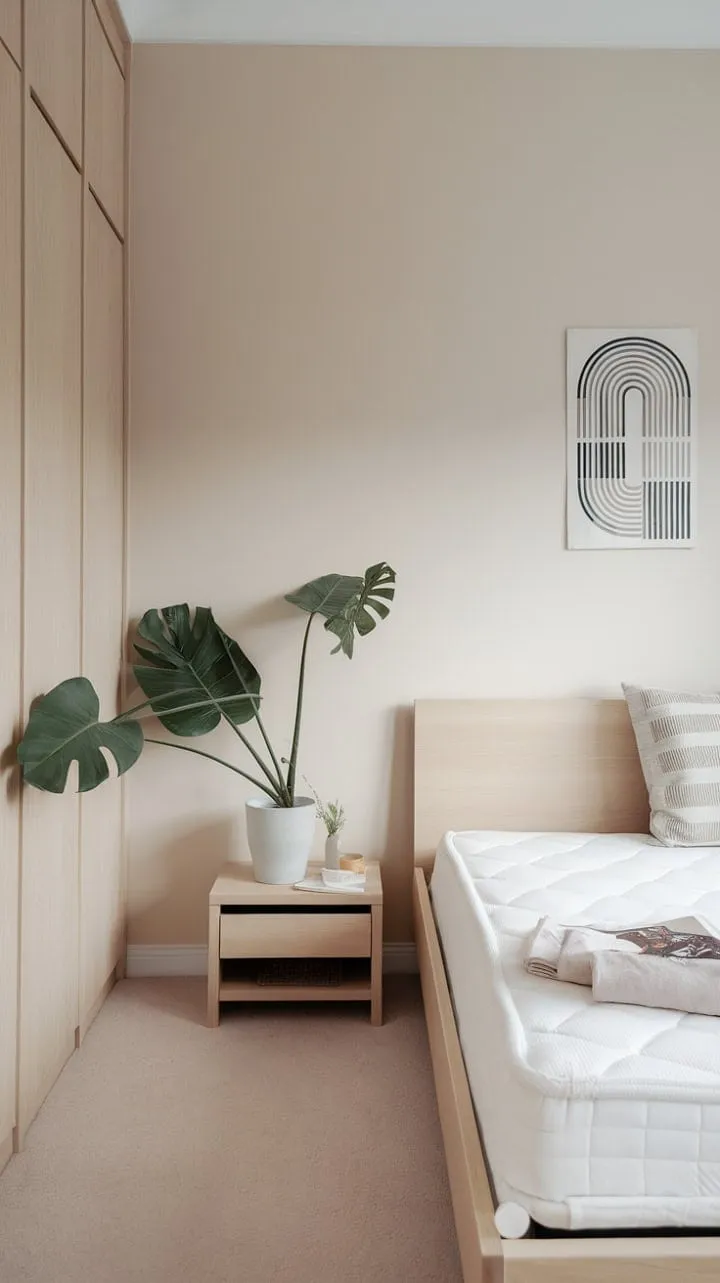 Bathed in natural light, this minimalist Nordic bedroom harmoniously blends serene wood tones and soft beige walls with subtle decor, creating a tranquil retreat for restful slumber.