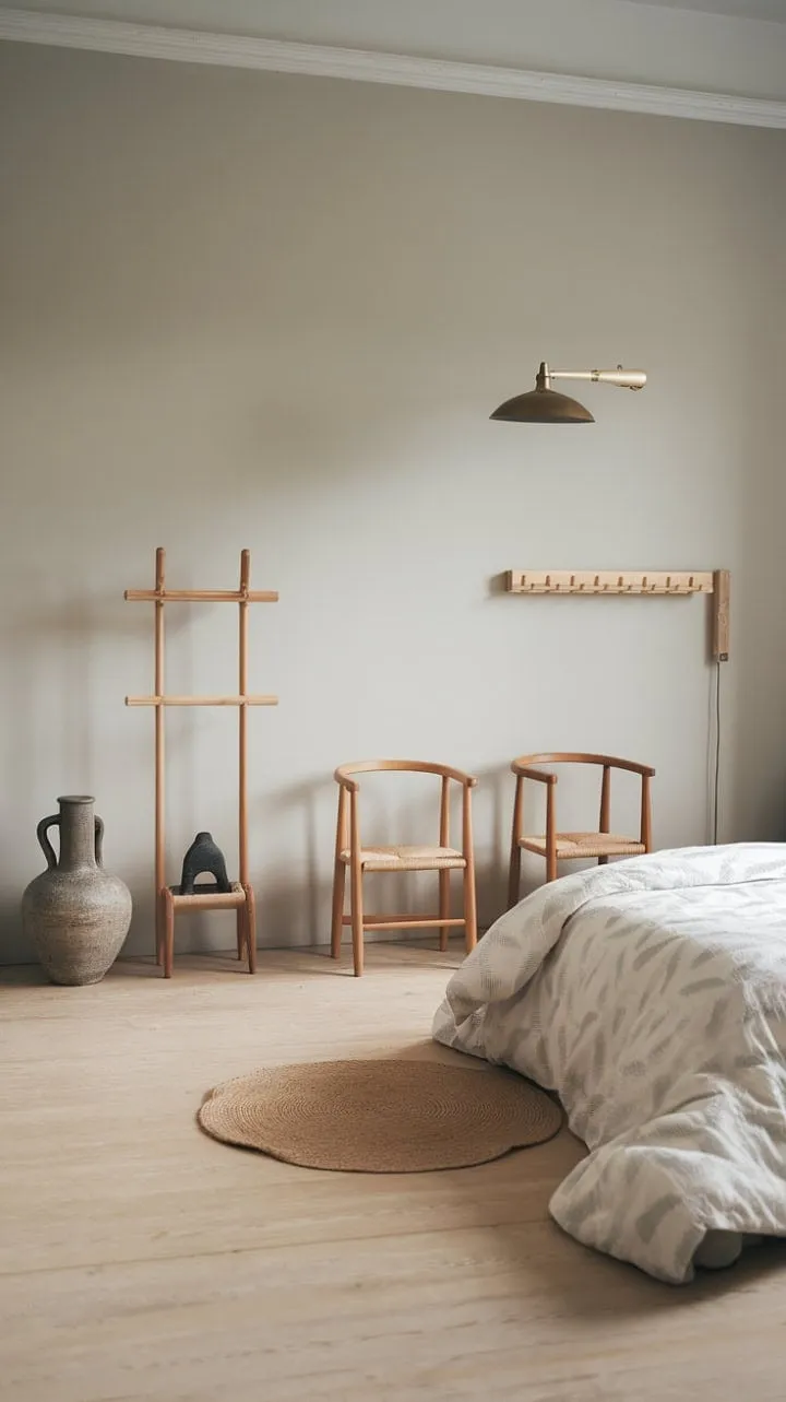 In this minimalist Nordic bedroom, light grey walls and pale wood floors harmonize with simple furnishings and curated decor to evoke a serene and sophisticated sanctuary.