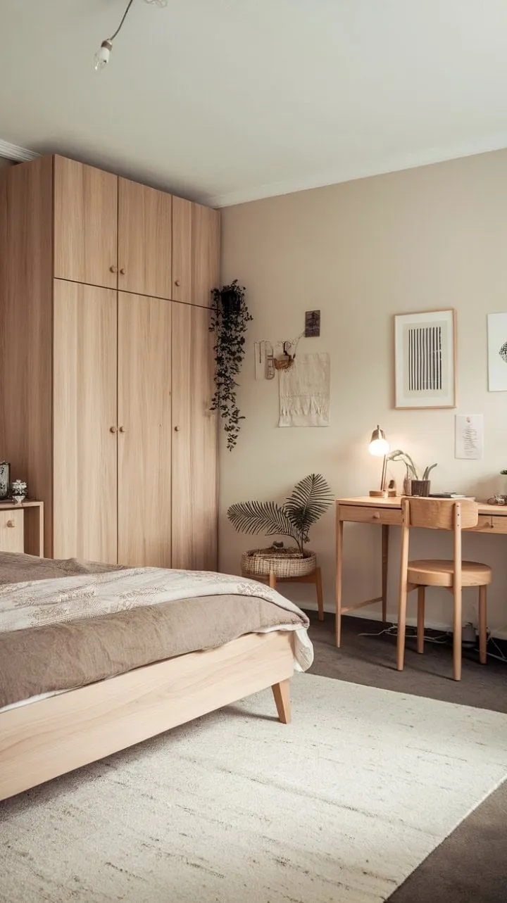 Bathed in sunlight, this serene Nordic bedroom exudes quiet sophistication with its natural wood tones and minimalist decor.