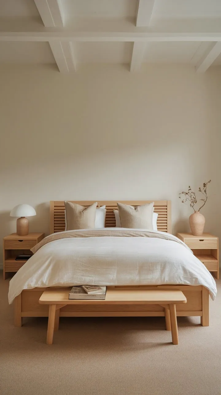 Bathed in sunlight, this serene Nordic bedroom blends minimalist design with calming earth tones, creating an inviting sanctuary for restful tranquility.