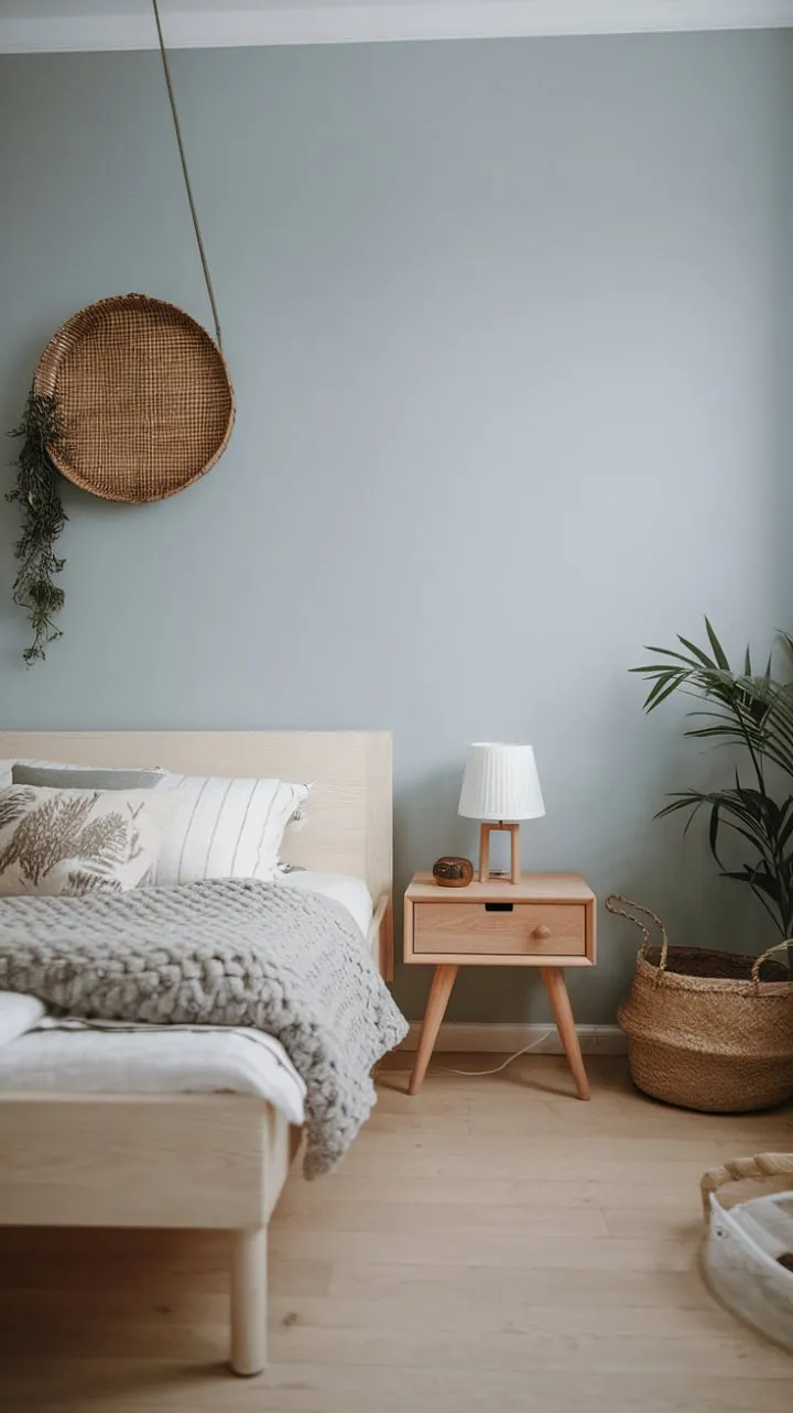 This Scandinavian-inspired bedroom embodies the philosophy of "less is more," blending tranquil pale blue walls and natural wood with minimal yet warm decor for a serene sanctuary.