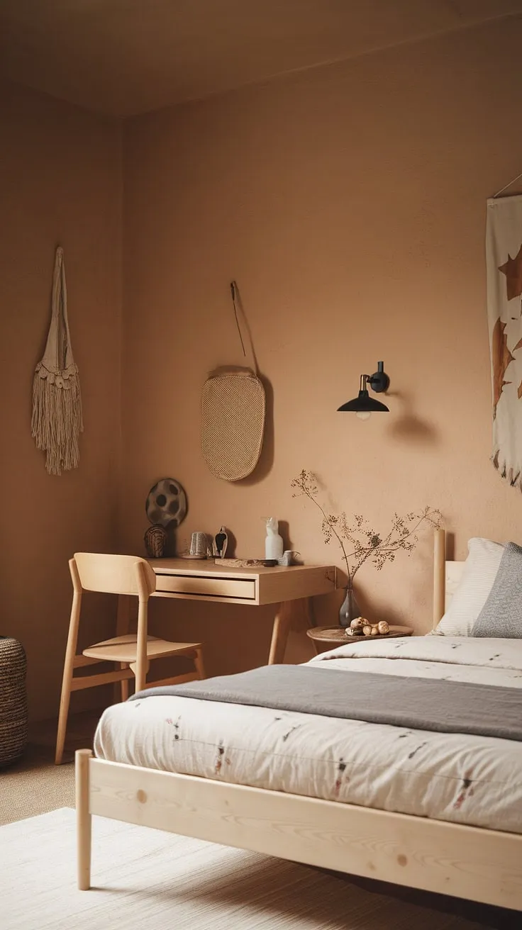 A serene Nordic bedroom features minimalist light wood furniture and warm earthy tones creating a calming atmosphere.