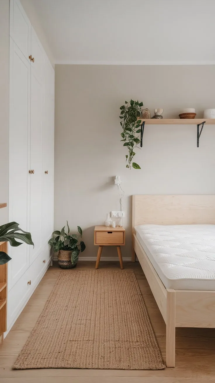 A minimalist Nordic bedroom features light wood furniture, a grey-walled backdrop, and subtle woven textures for a serene Scandinavian aesthetic.