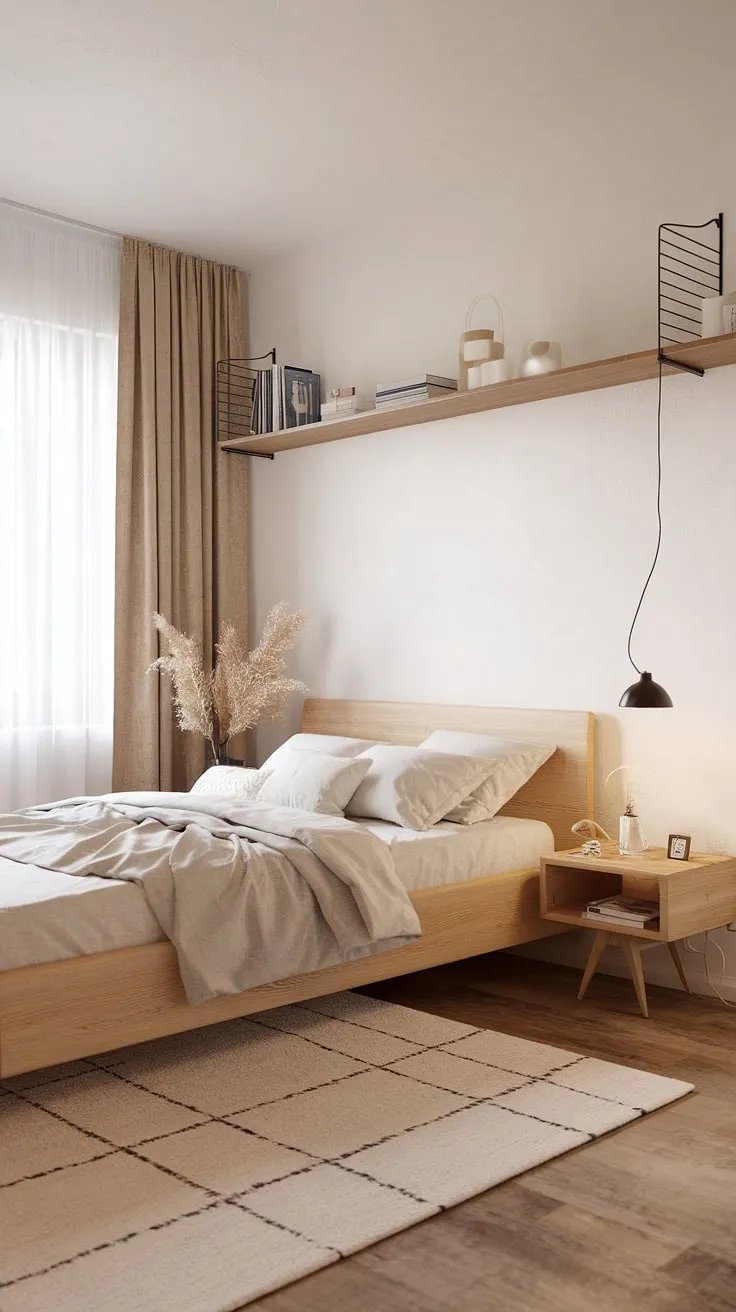 Earthy tones and minimalist light wood furniture create a serene Nordic bedroom.