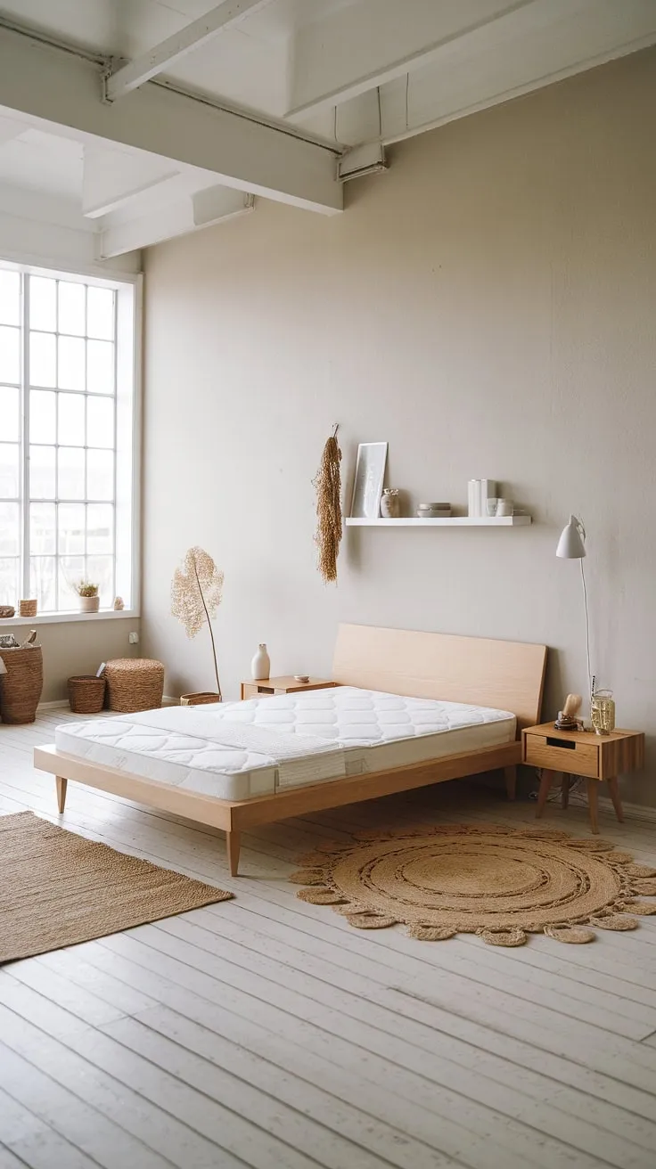 Sunlight floods a minimalist Nordic bedroom featuring light wood, calming greys, and natural textures.