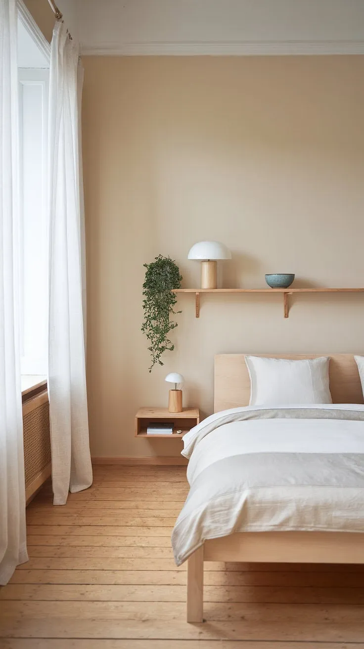 A serene Nordic bedroom features simple wooden furniture and a minimalist design, creating a peaceful atmosphere.