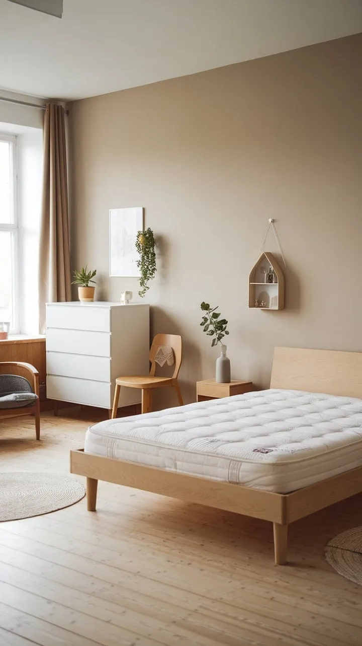 Bathed in sunlight, this serene Nordic bedroom exudes calming simplicity with its light wood accents, minimalist design, and a refreshing touch of greenery.