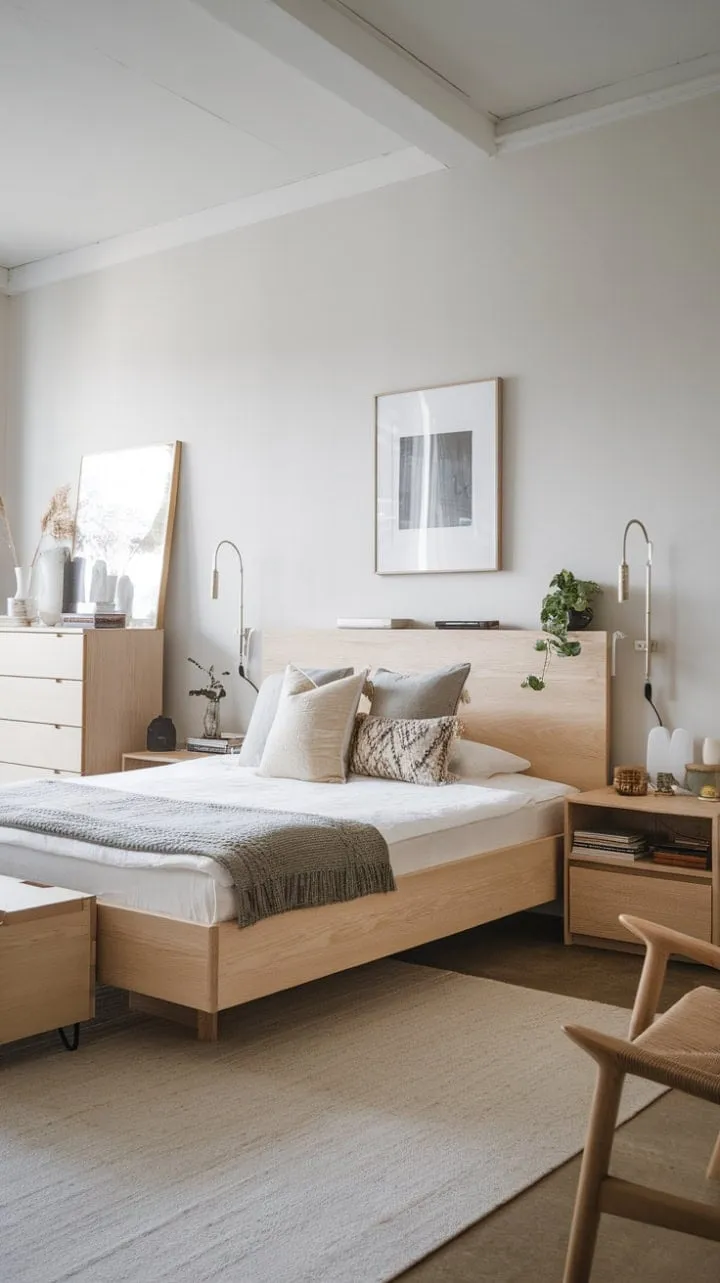 This Scandinavian-inspired bedroom exudes serene elegance, where simplicity fosters a tranquil atmosphere of quiet contentment.
