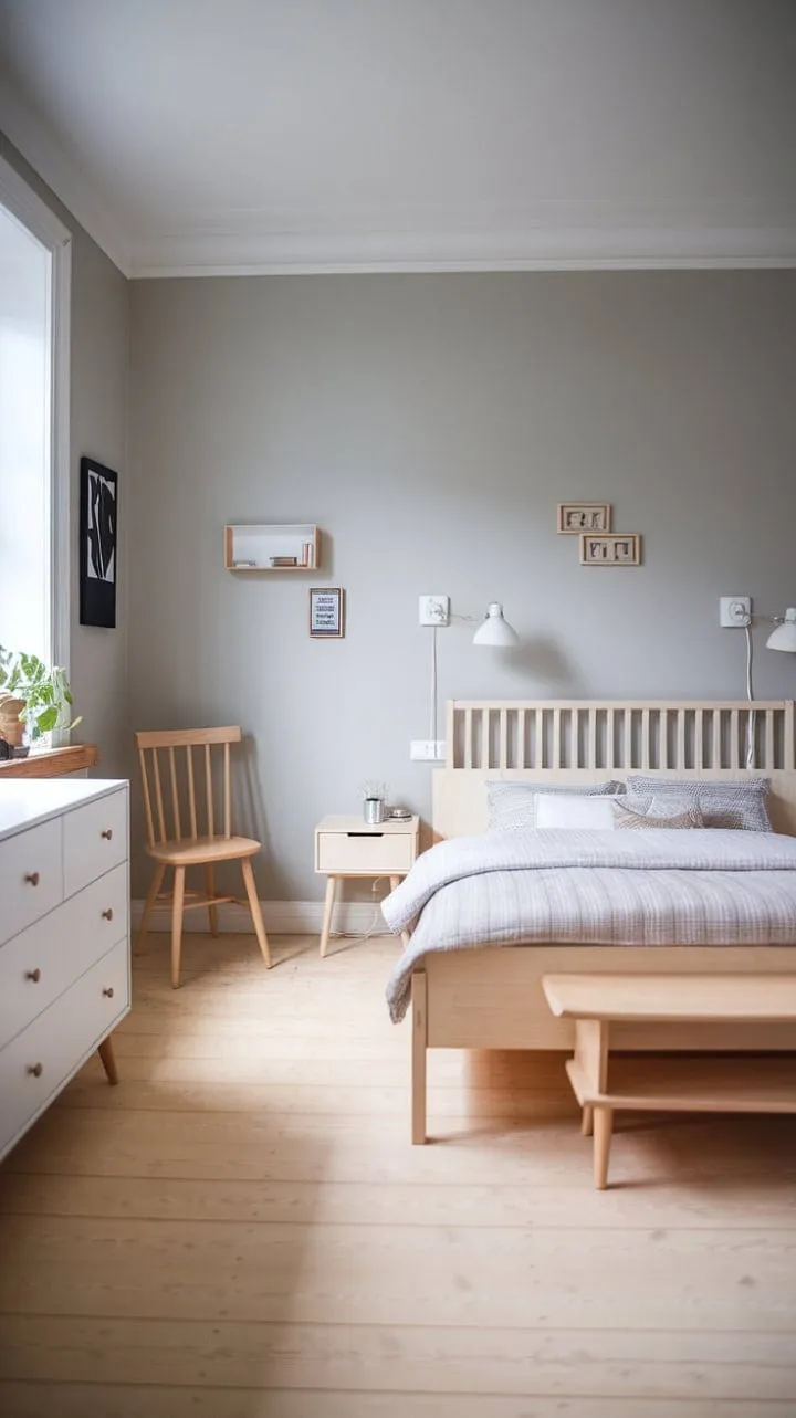 Bathed in natural light, this serene Nordic bedroom epitomizes minimalist Scandinavian design with its pale wood furniture, soft grey walls, and a touch of nature, creating a tranquil haven of understated elegance.