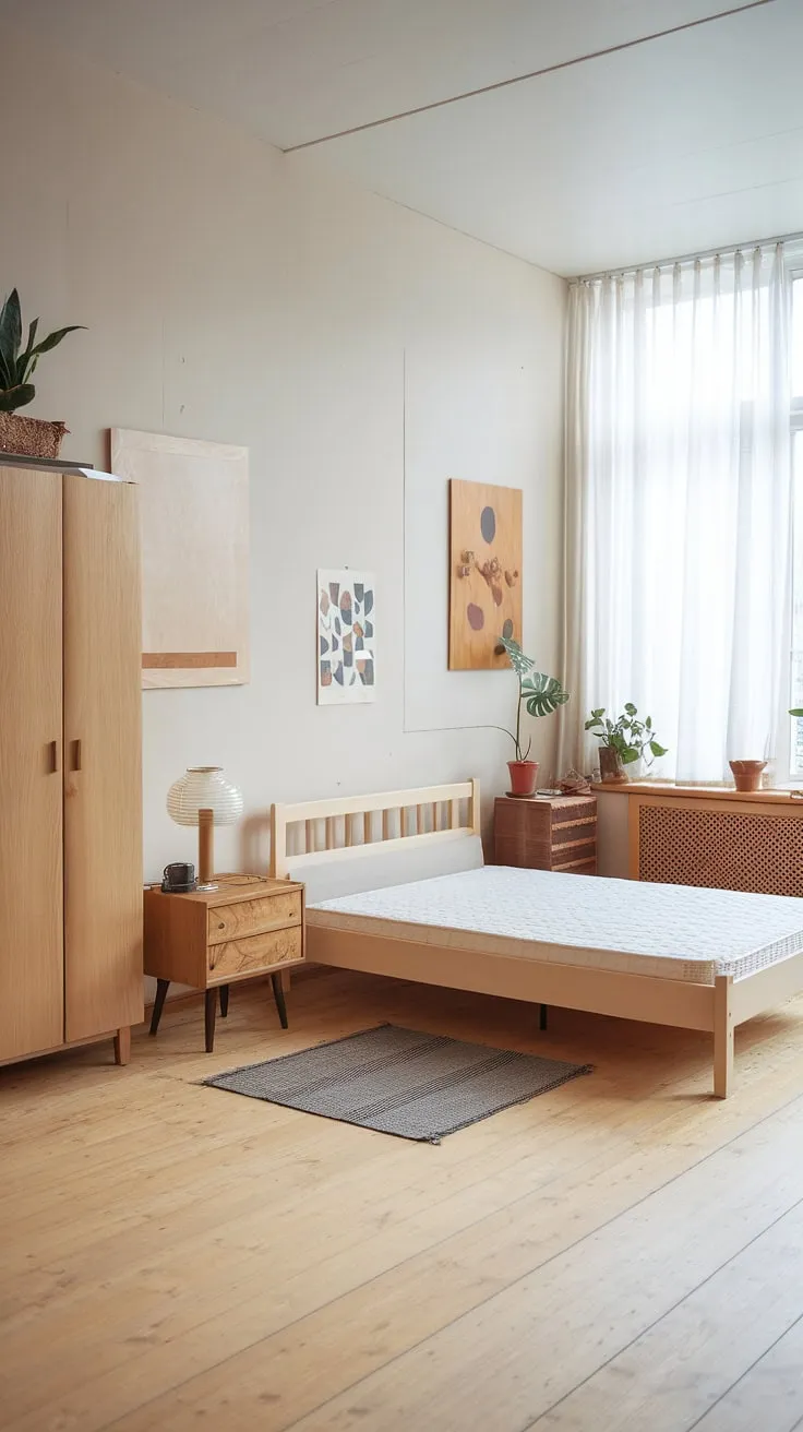 A serene Nordic bedroom features light wood, minimalist furniture, and tasteful décor creating a calming atmosphere.
