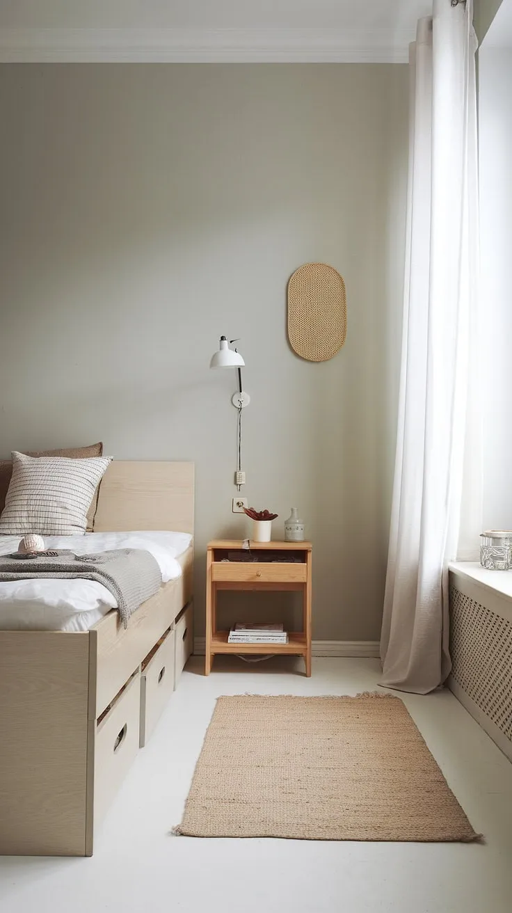 A minimalist Nordic bedroom features light wood furniture, soft grey walls, and a calming beige rug creating a serene Scandinavian space.