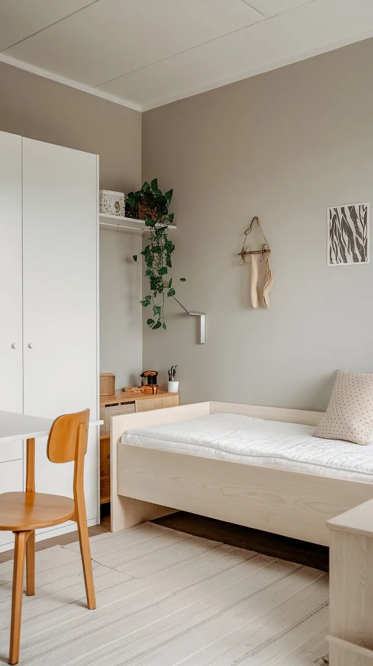 Earthy minimalism defines this Nordic dorm room's light wood and white aesthetic