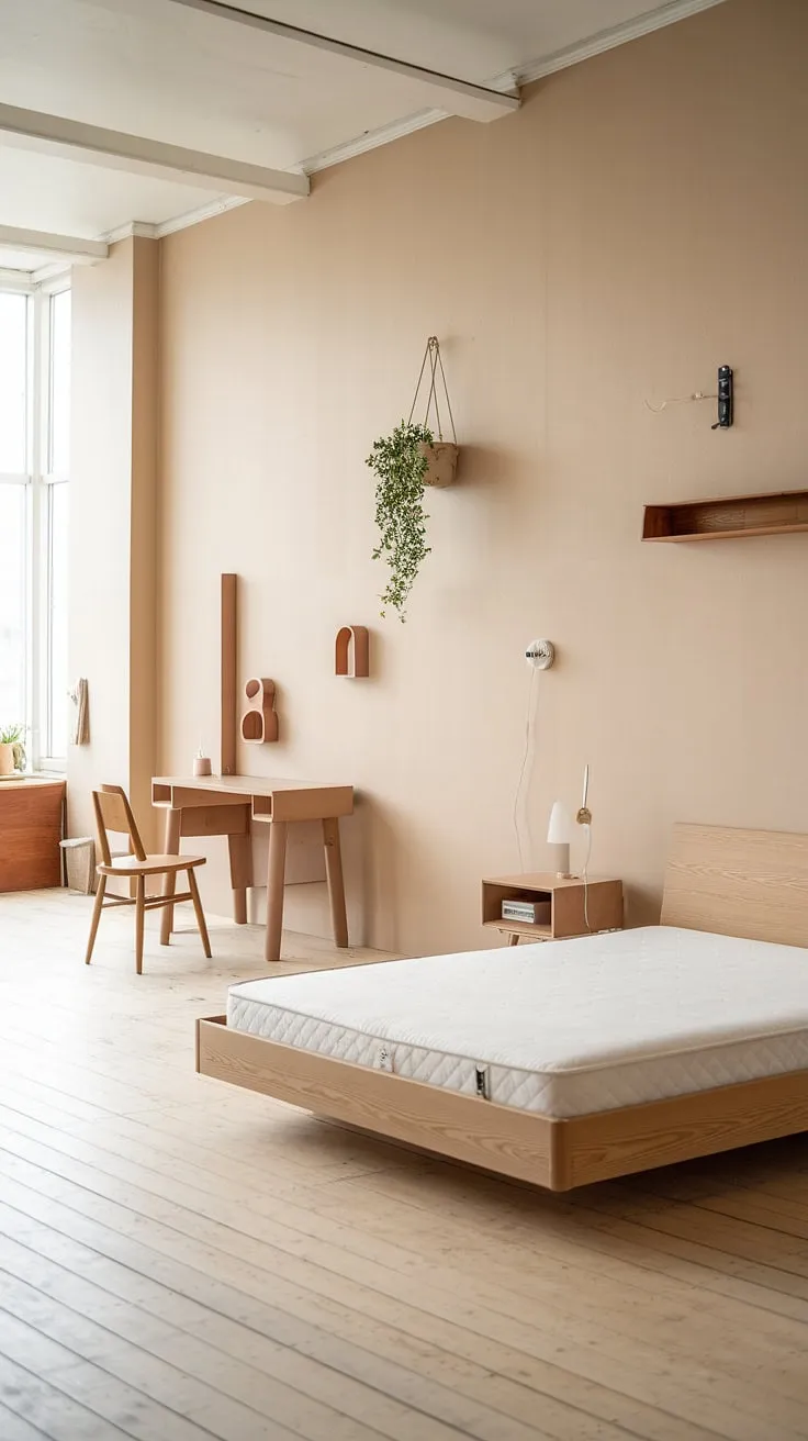 Natural light floods a minimalist Scandinavian bedroom featuring light wood and earthy tones