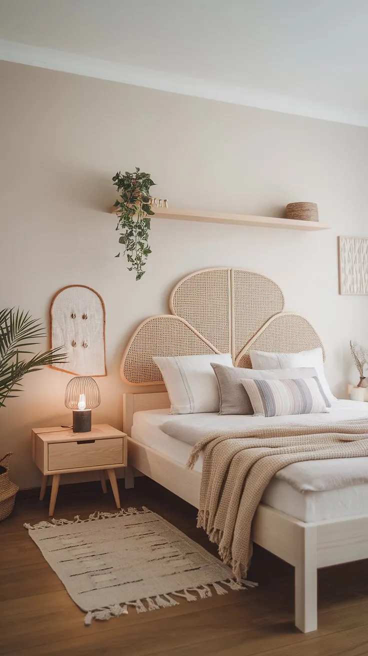 A minimalist Nordic bedroom features a light wood bed, woven headboard, and simple wooden nightstand, creating a serene and calming space.