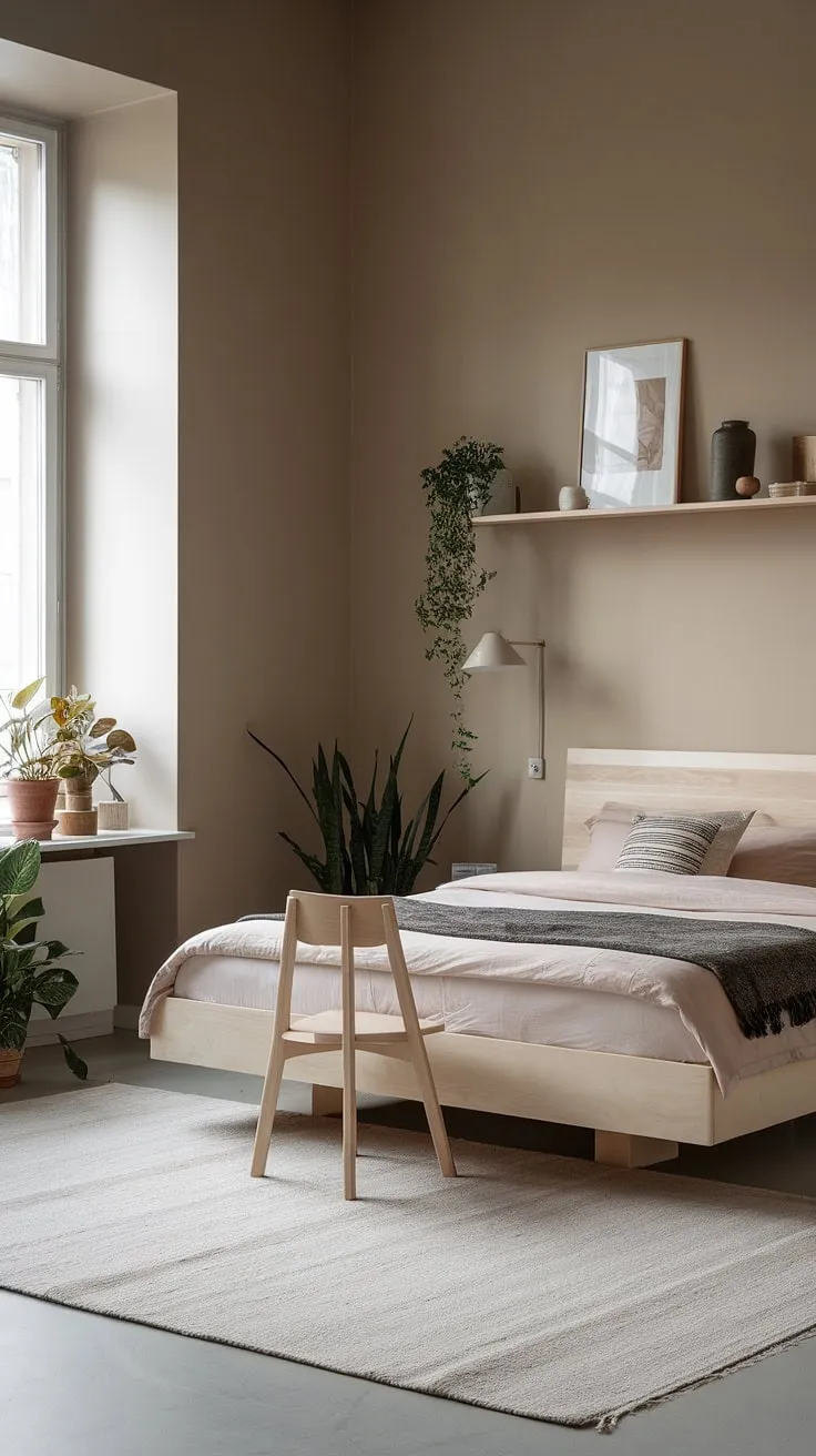 Earthy tones and natural wood create a serene Nordic bedroom sanctuary