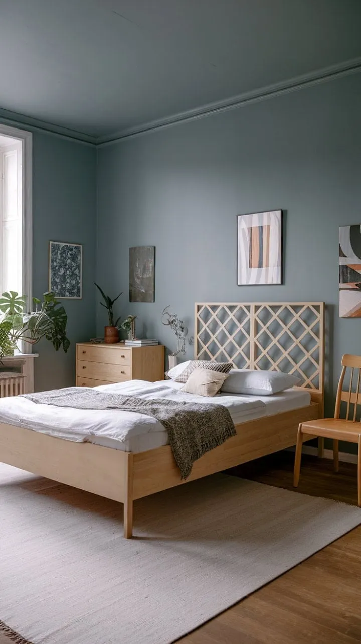 This Nordic bedroom embodies serene simplicity with its light wood bed, geometric headboard, and muted blue walls, creating a calming sanctuary enhanced by minimalist furniture and a hint of greenery.