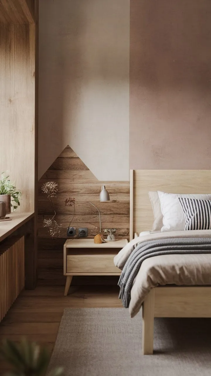 Bathed in sunlight, this minimalist Nordic bedroom offers a serene sanctuary of earthy tones and light wood, inviting peaceful contemplation and restful slumber.