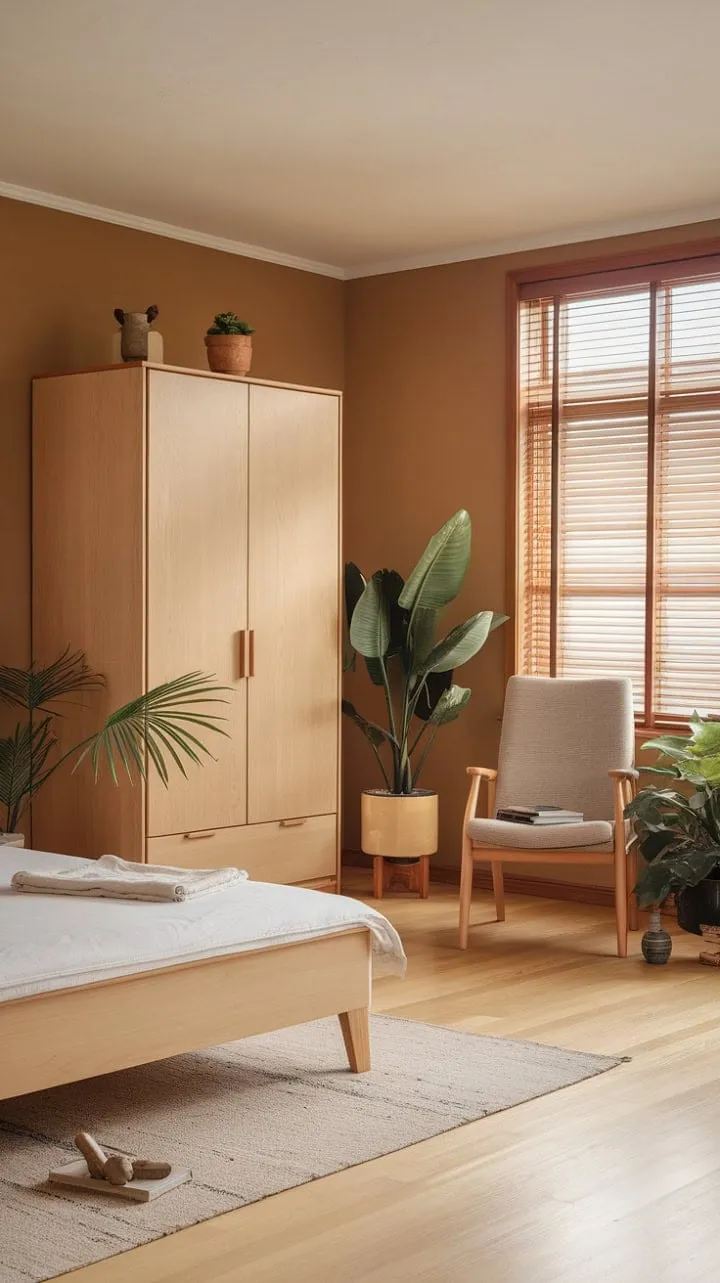 Sunlight dances through wooden blinds in a minimalist Nordic bedroom, where light wood floors and potted plants evoke a serene elegance that celebrates simplicity.