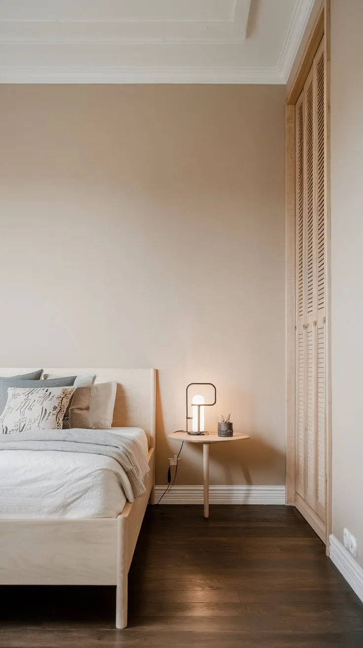 Soft beige walls and dark wood floors create a calming Scandinavian sanctuary in this minimalist bedroom