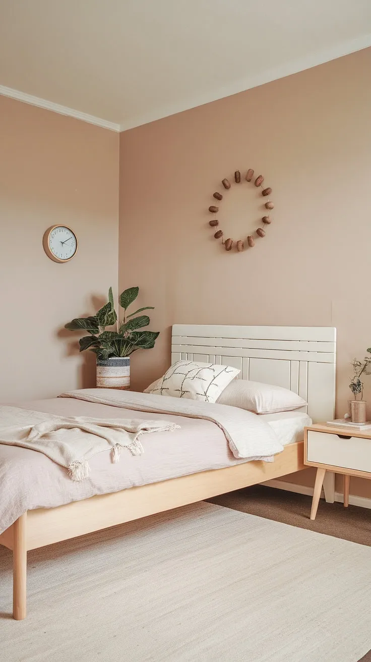 Soft beige walls and light wood create a calming Scandinavian sanctuary.