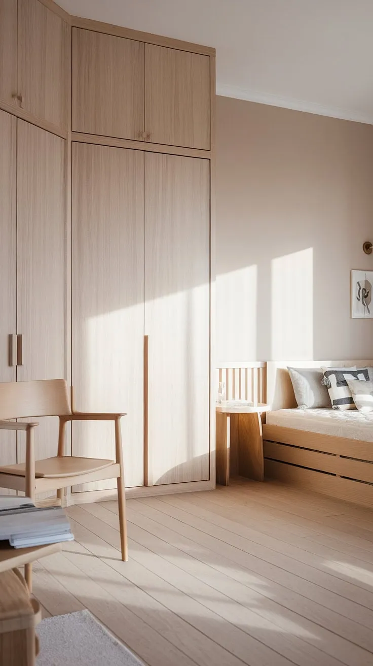 Sunlight streams into a minimalist Nordic bedroom featuring light wood furniture and a calming atmosphere.