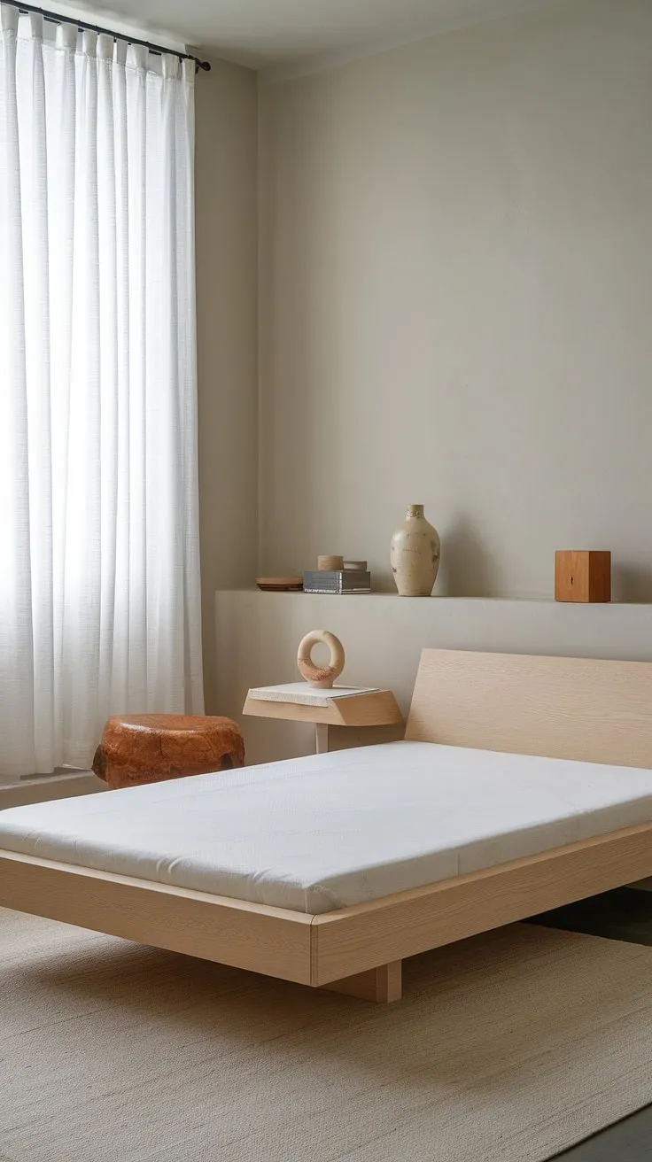 A minimalist light grey Nordic bedroom features a light wood bed, simple furniture, and subtle decor for a serene atmosphere.