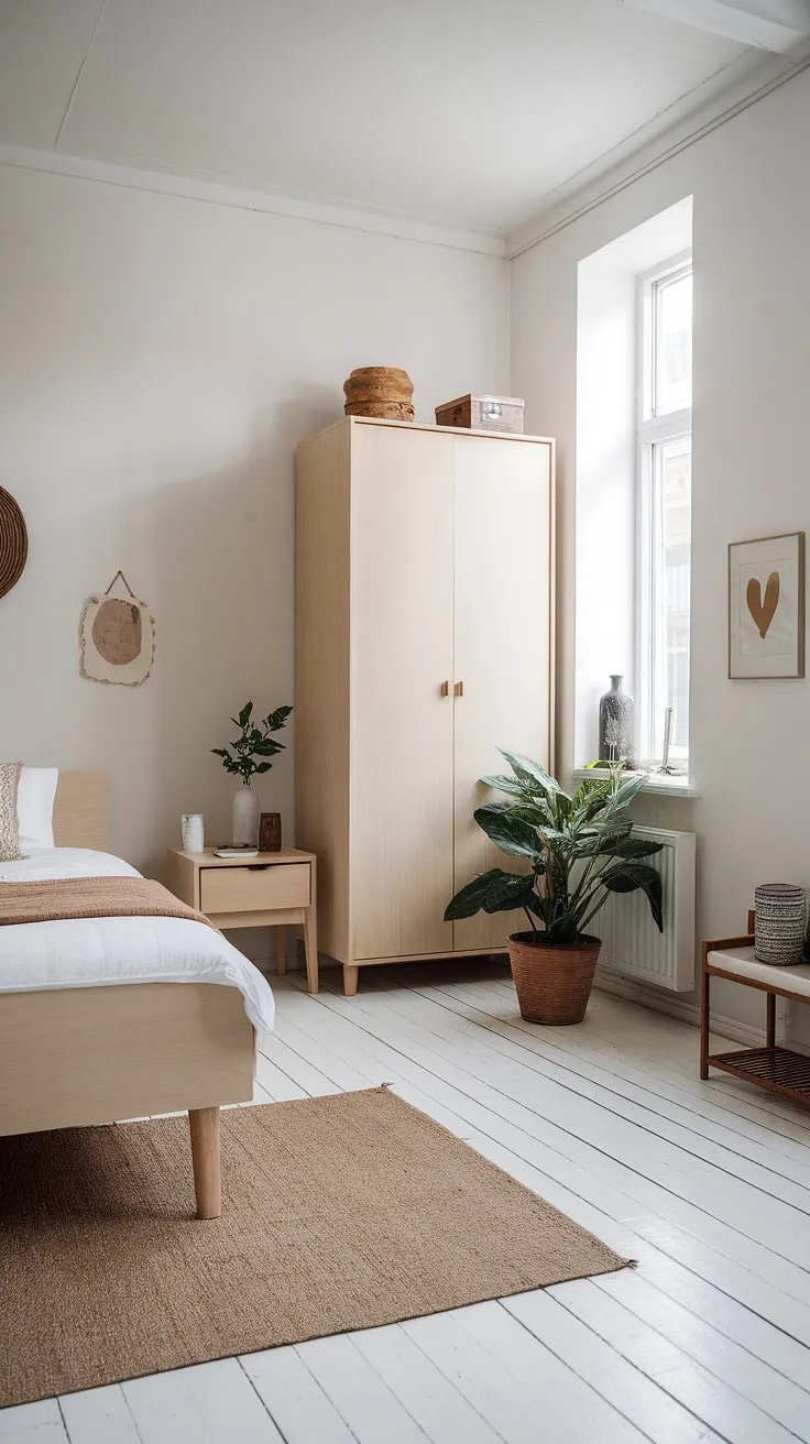 A minimalist Nordic bedroom features light wood furniture, white walls, and a few earthy accents for a serene atmosphere.