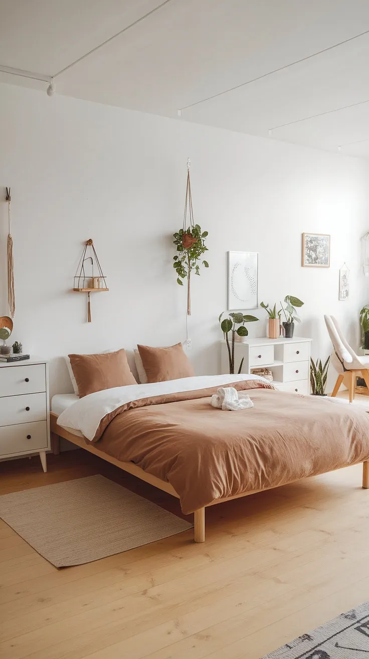 A bright, airy Nordic bedroom showcases minimalist decor and personal touches for a calming atmosphere.